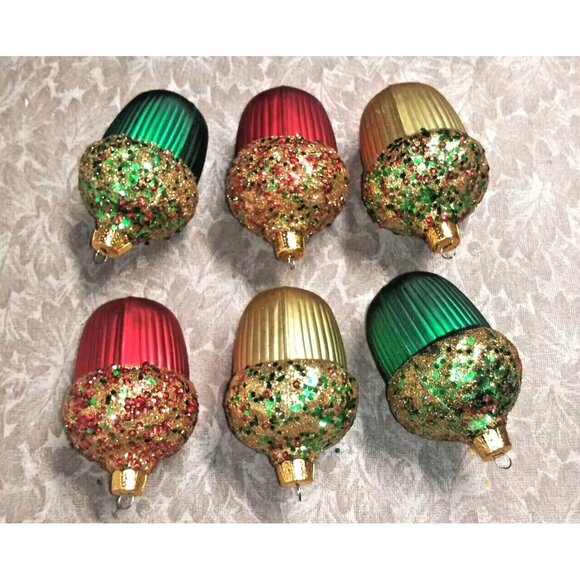 6 Vintage Christmas Glass Ornaments Acorns w/glitter sequins Commodore red gold - Picture 5 of 5